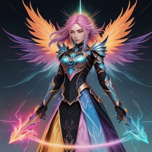 Majestic Rainbow Paladin with Fractal Wings and Lightning Ar...