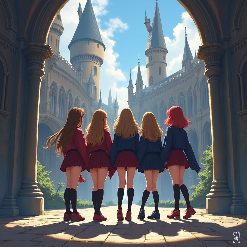 Hogwarts Fashion in Majestic Castle Courtyard