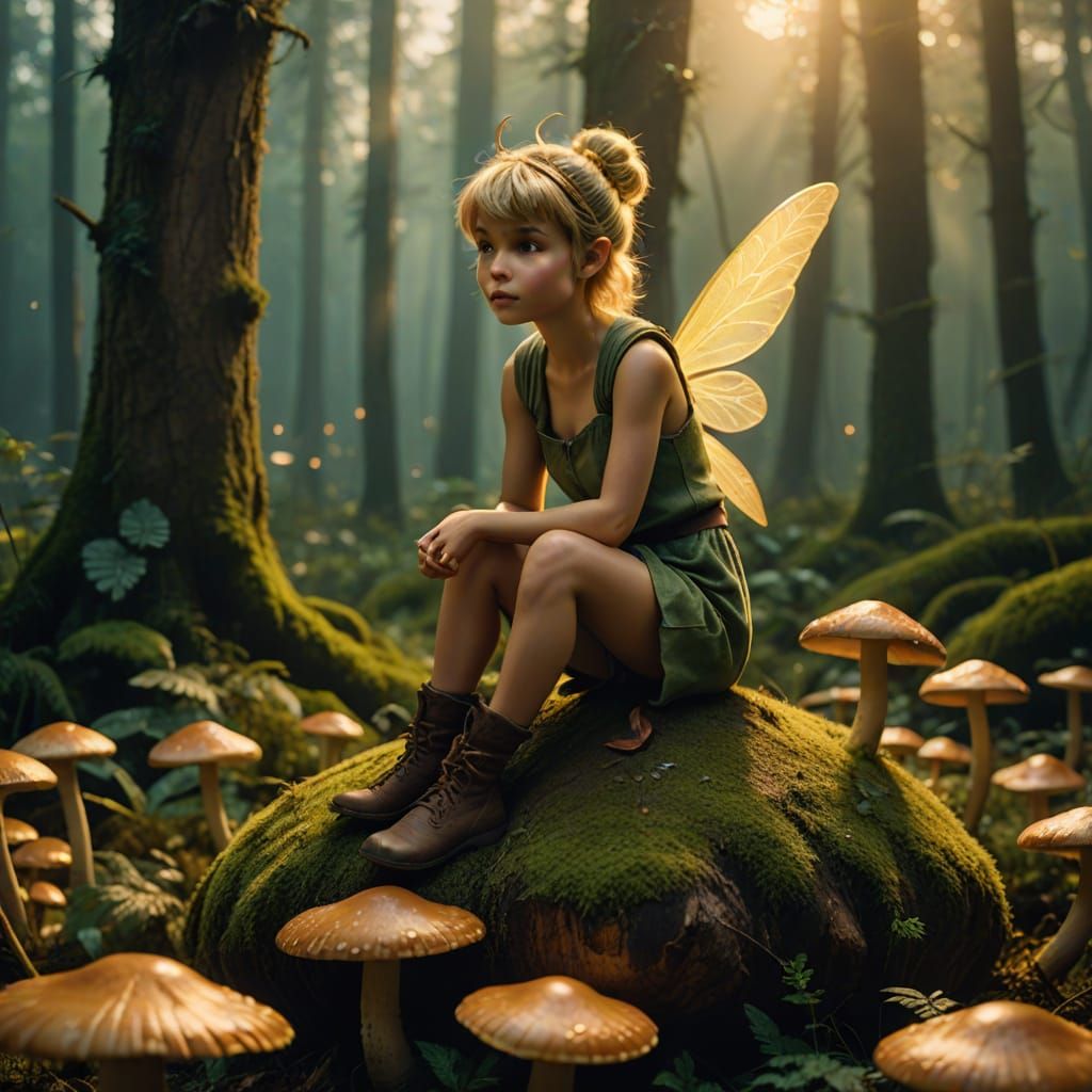 Tinkerbell on Mushroom in Misty Forest