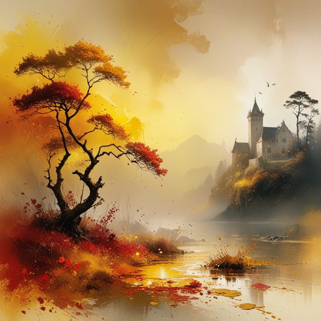 Vibrant Autumn Landscape in Oil Paint Style
