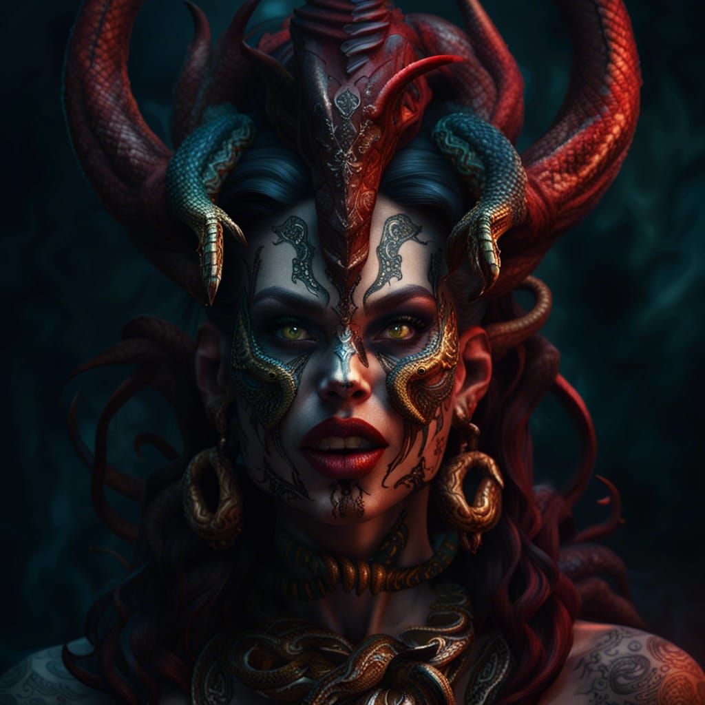 Detailed Devil Woman with Snake Tongue, Fantasy Art