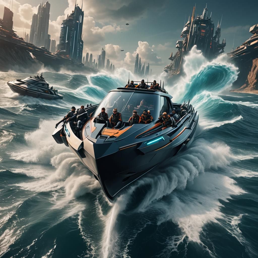 Futuristic Speedboat on the Ocean: Detailed Matte Painting