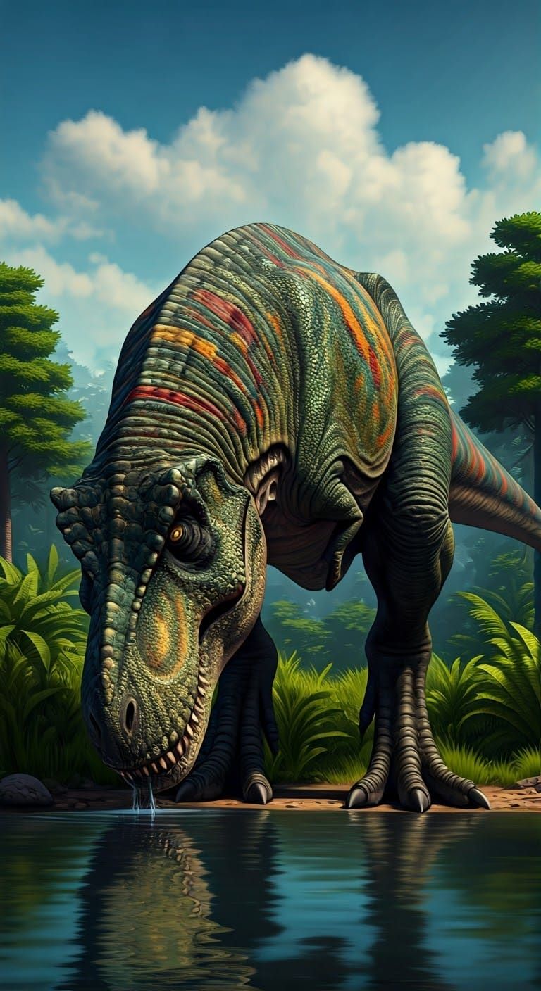 Ancient Battle-Scarred T-Rex Drinks from Serene Pond