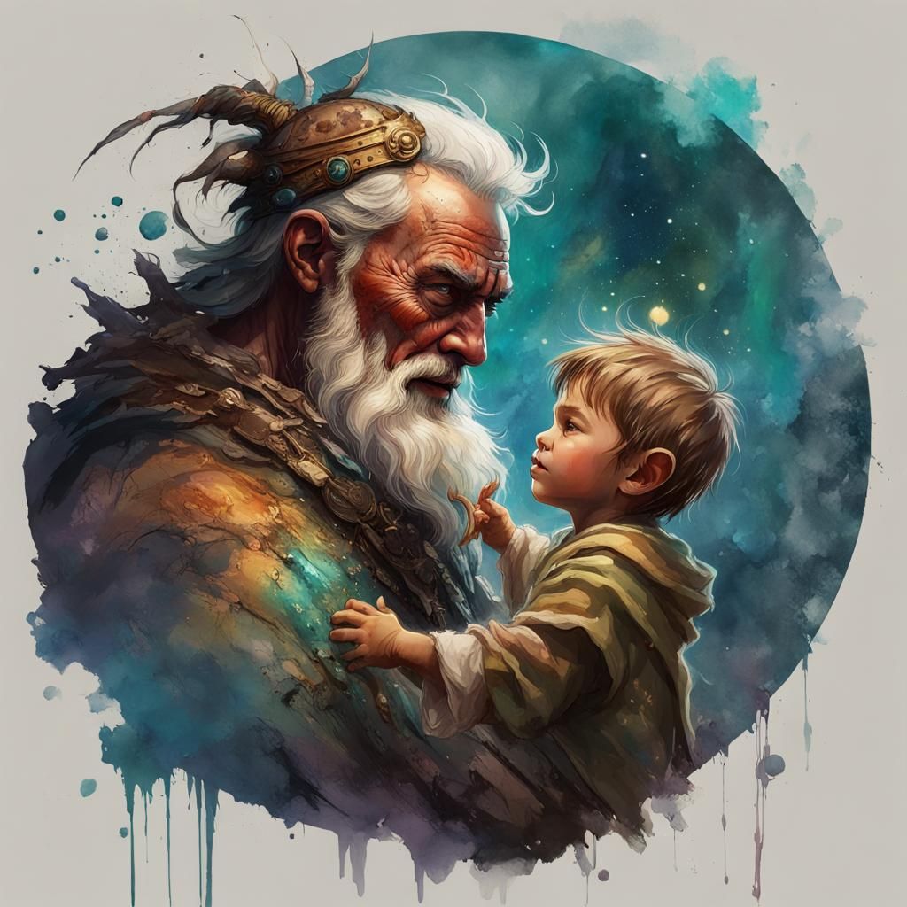 Loving God Dances with Tiny Man: Fantasy Art