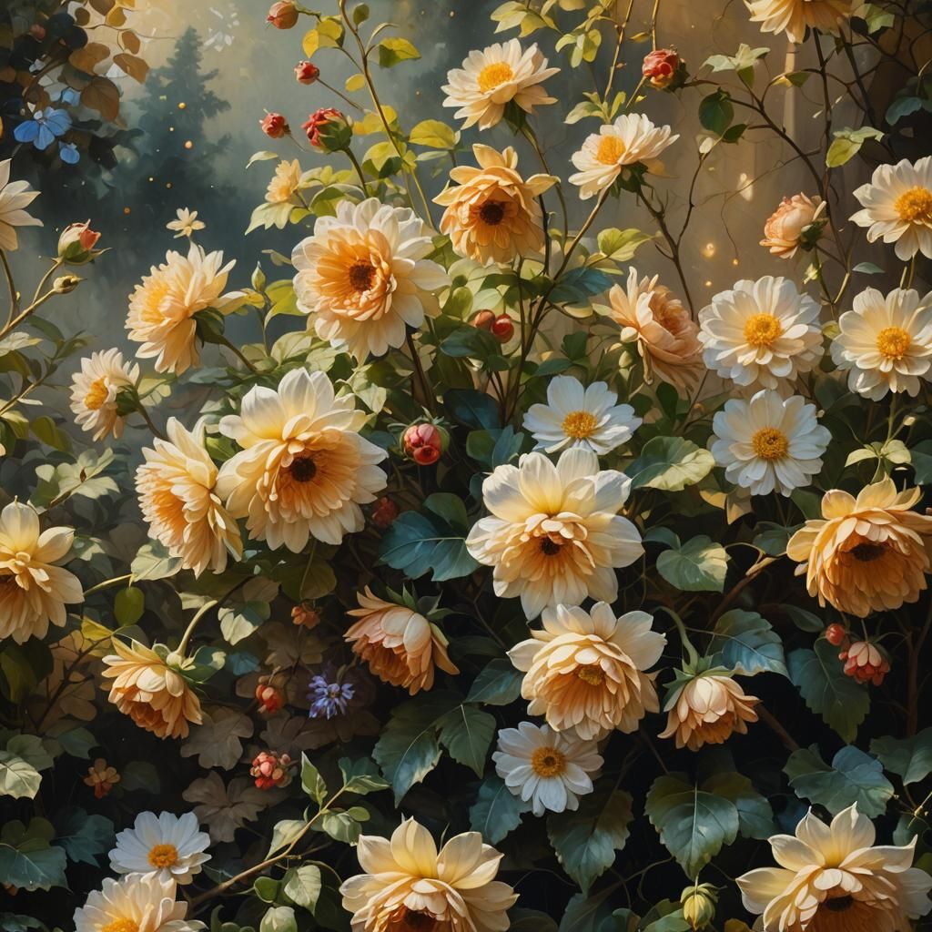 Baroque Garden Still Life in Oil with Impasto Textures