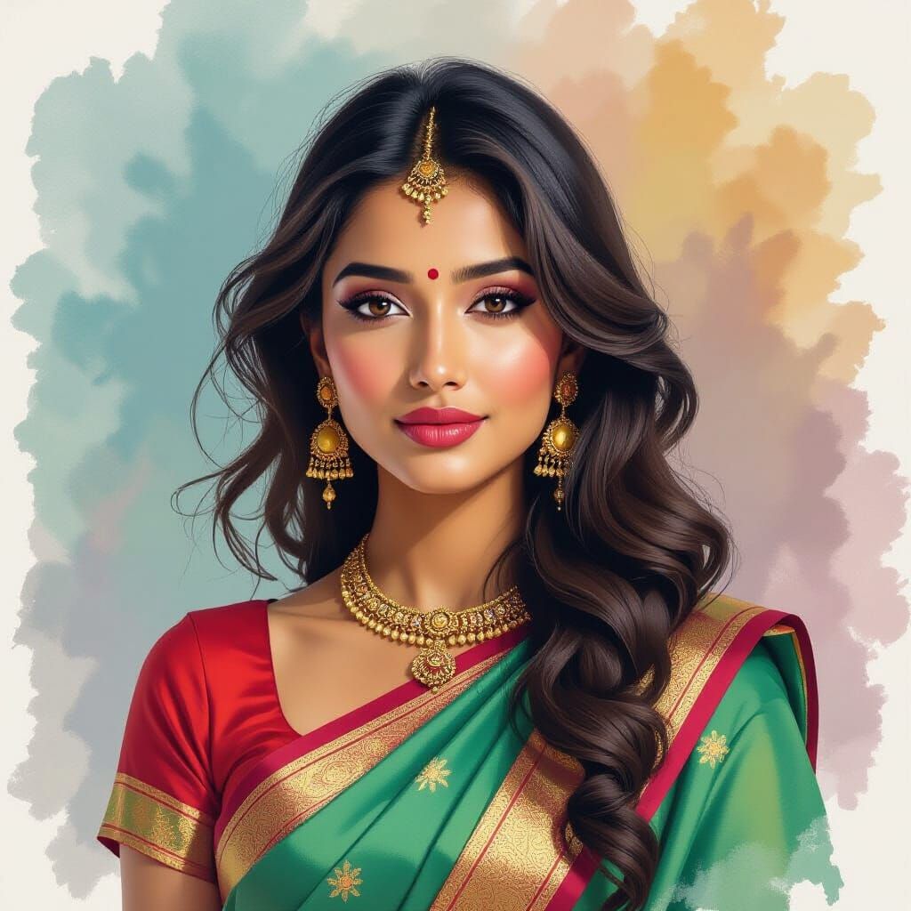 Indian Woman in Sari as Sumi-e Painting