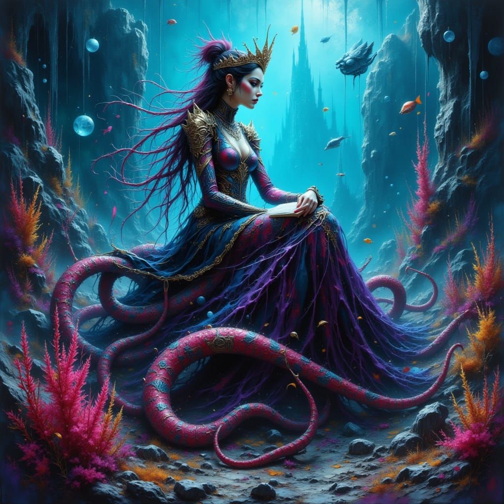 Queen in Office Outfit on Colossal Squid Underwater