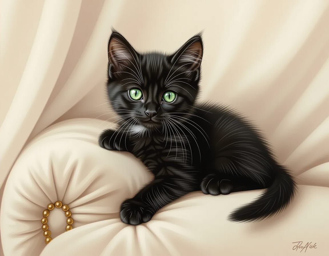 Hyperrealistic Black Kitten on Velvet Cushion