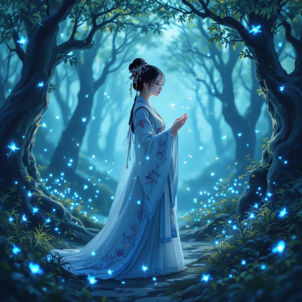 Lady in Hanfu Dress in Mystical Forest