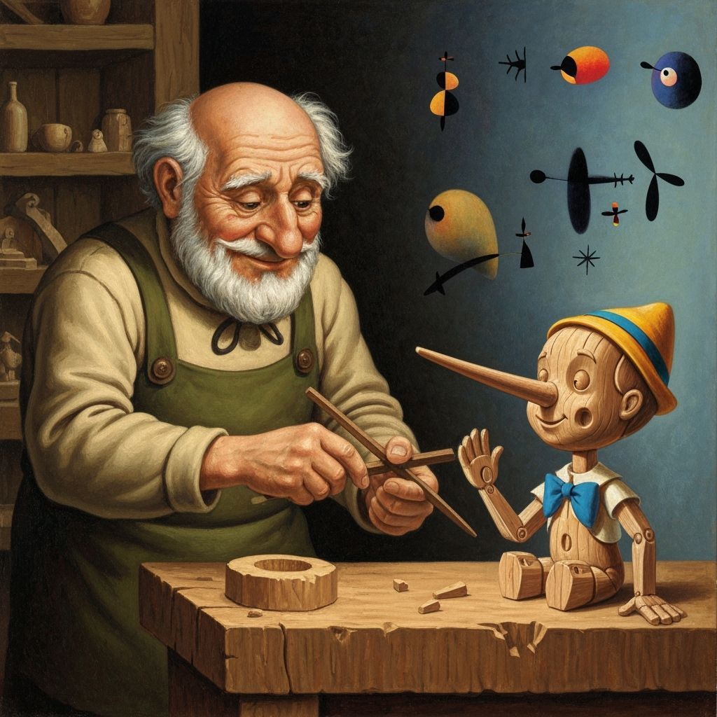 Gepetto Carves Wooden Pinocchio in Whimsical Workshop