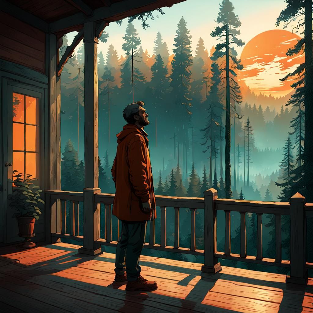Man Gazing at Sunrise: Art Nouveau Concept Art
