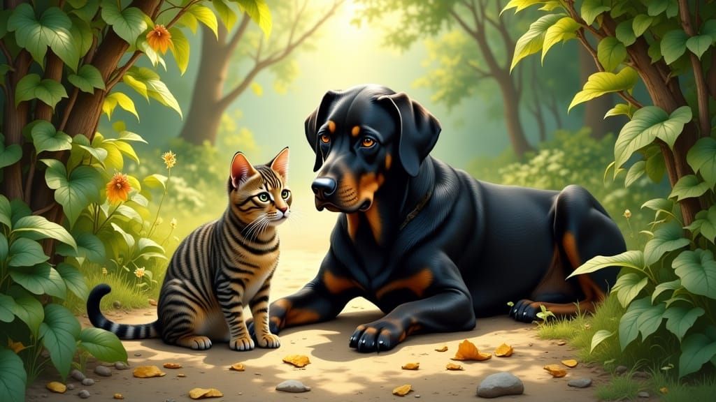 Whimsical Tabby Cat and Black Labrador in a Serene Landscape