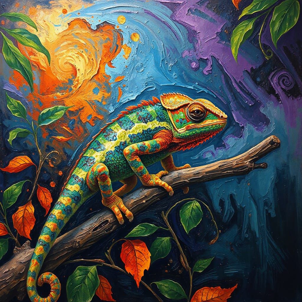 Colorful Chameleon on Branch in Expressive Realism Style