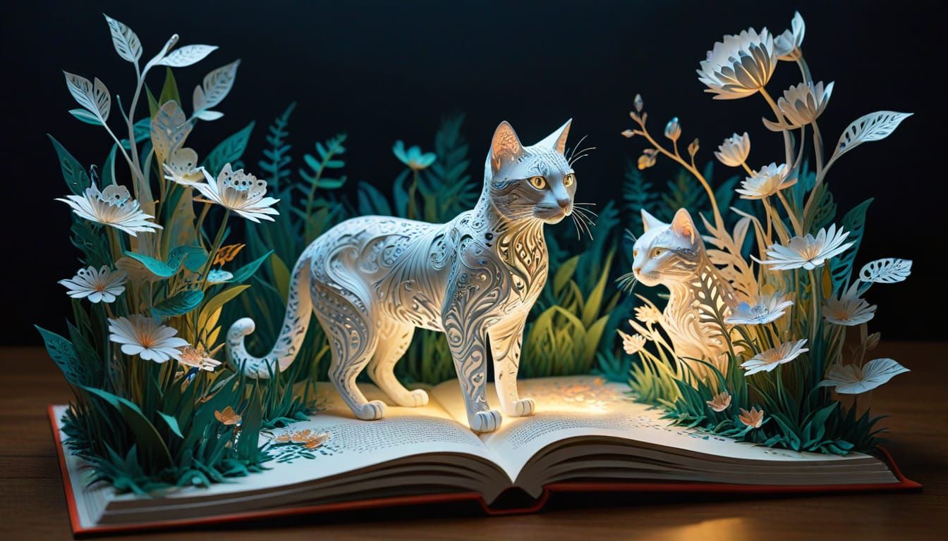 Intricate 3D Paper Art Feline in a Magical Filigree Garden