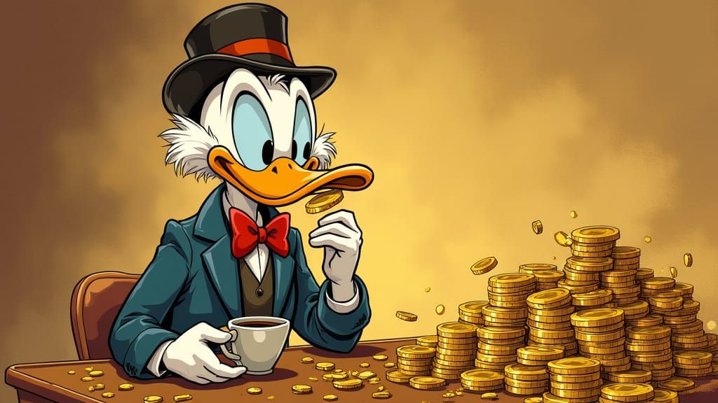 Scrooge McDuck Sips Coffee Among Golden Coins in Vintage Sty...