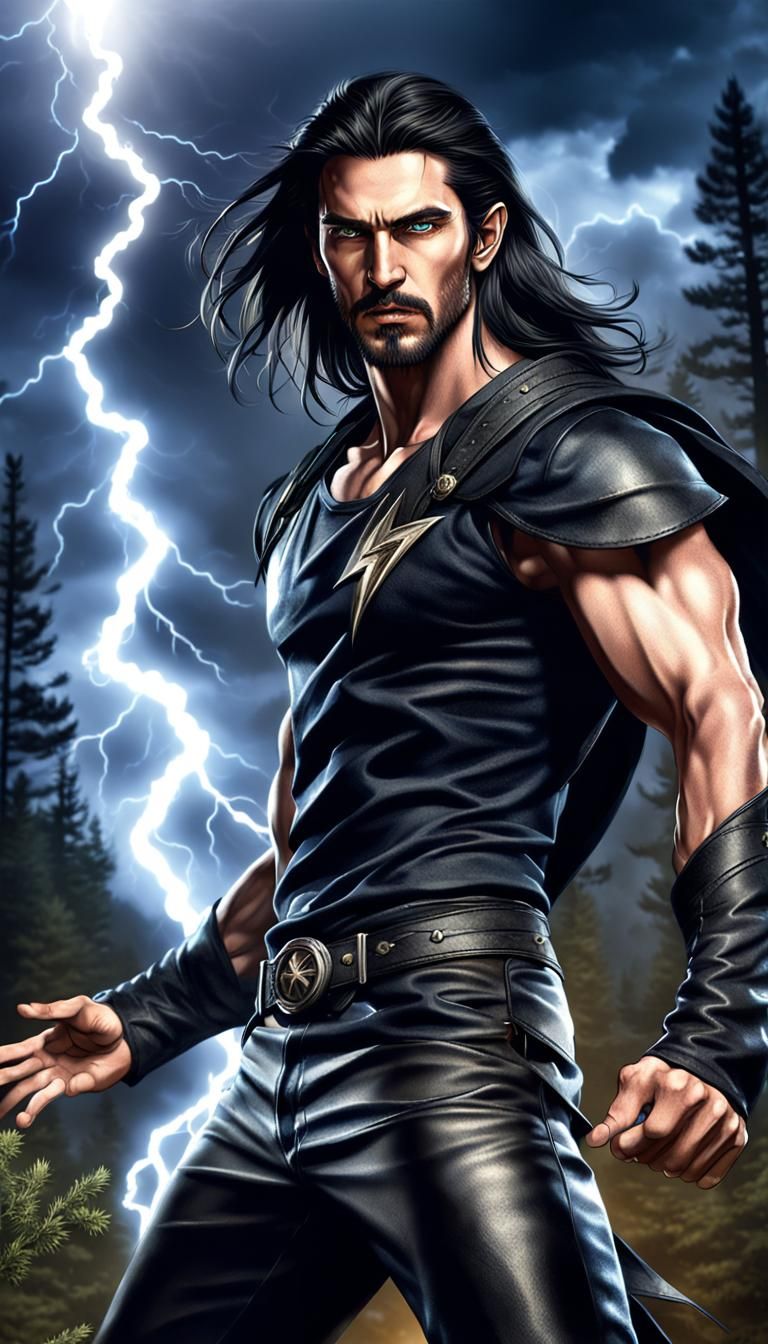 Male Witches Summoning Lightning in Dark Forest