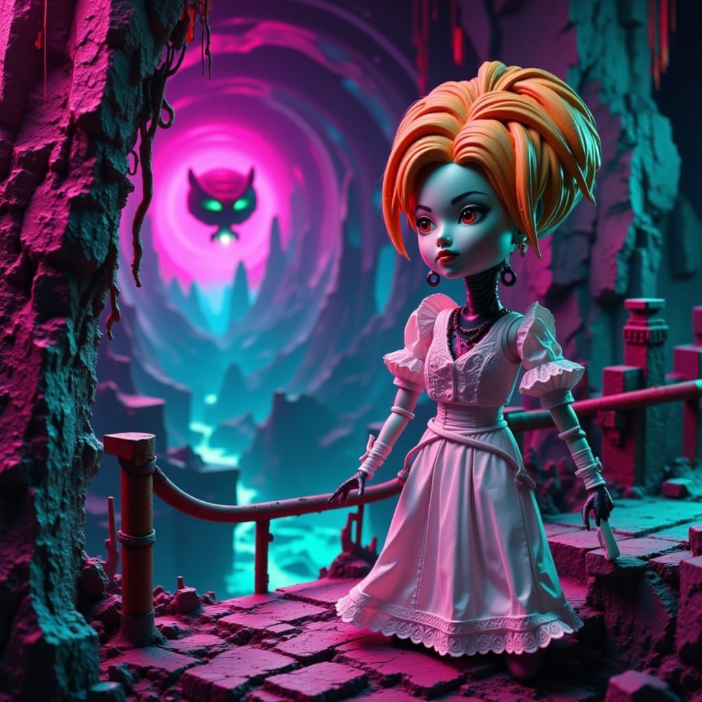 Claymation Alien Barbie & Pickle Rick in Cyberpunk Sewer