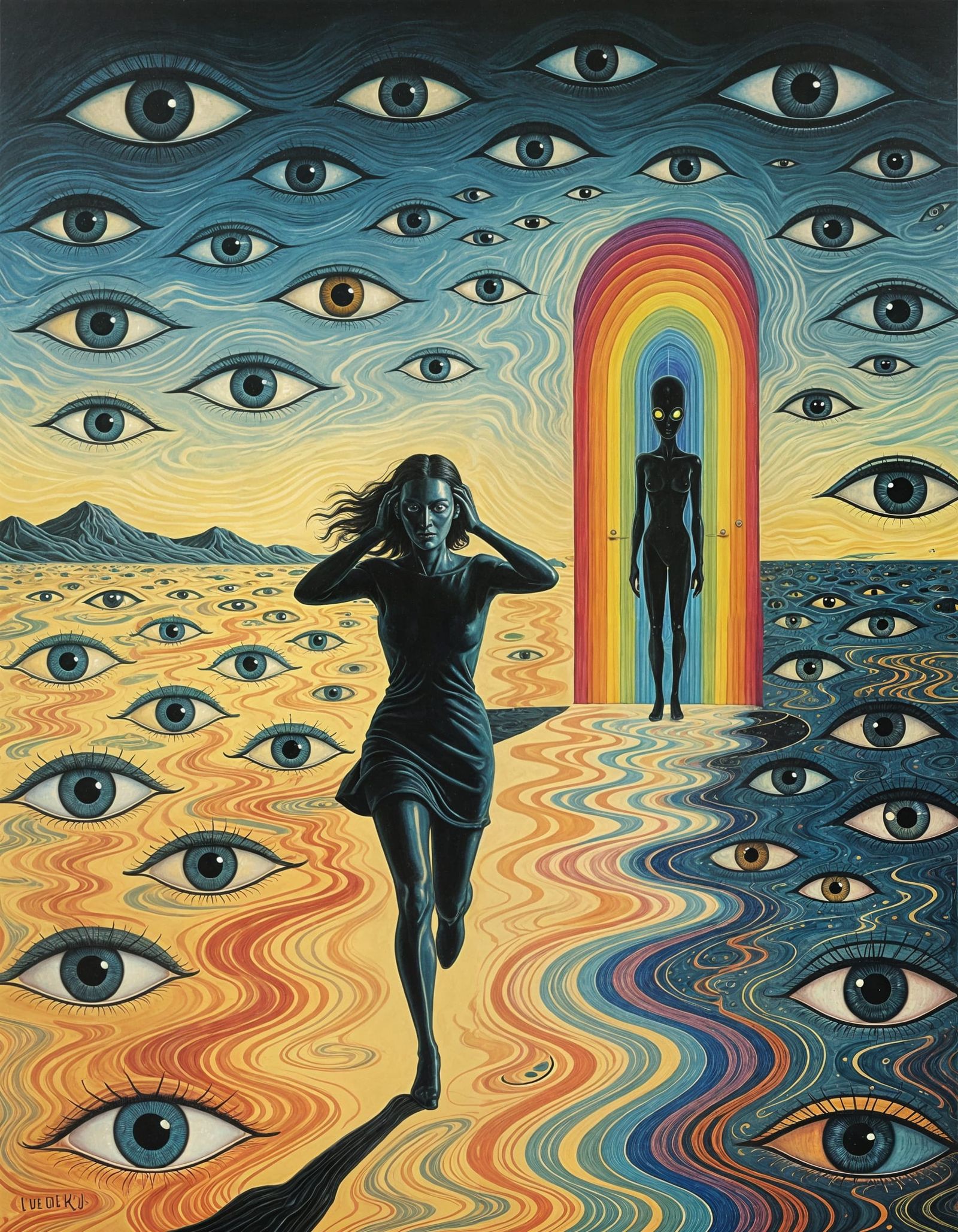 Paranoid Woman Running from Endless Eyes in Surreal Landscap...