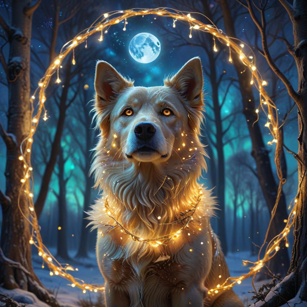 Surreal Moonlit Canine Masterpiece with Golden Garland
