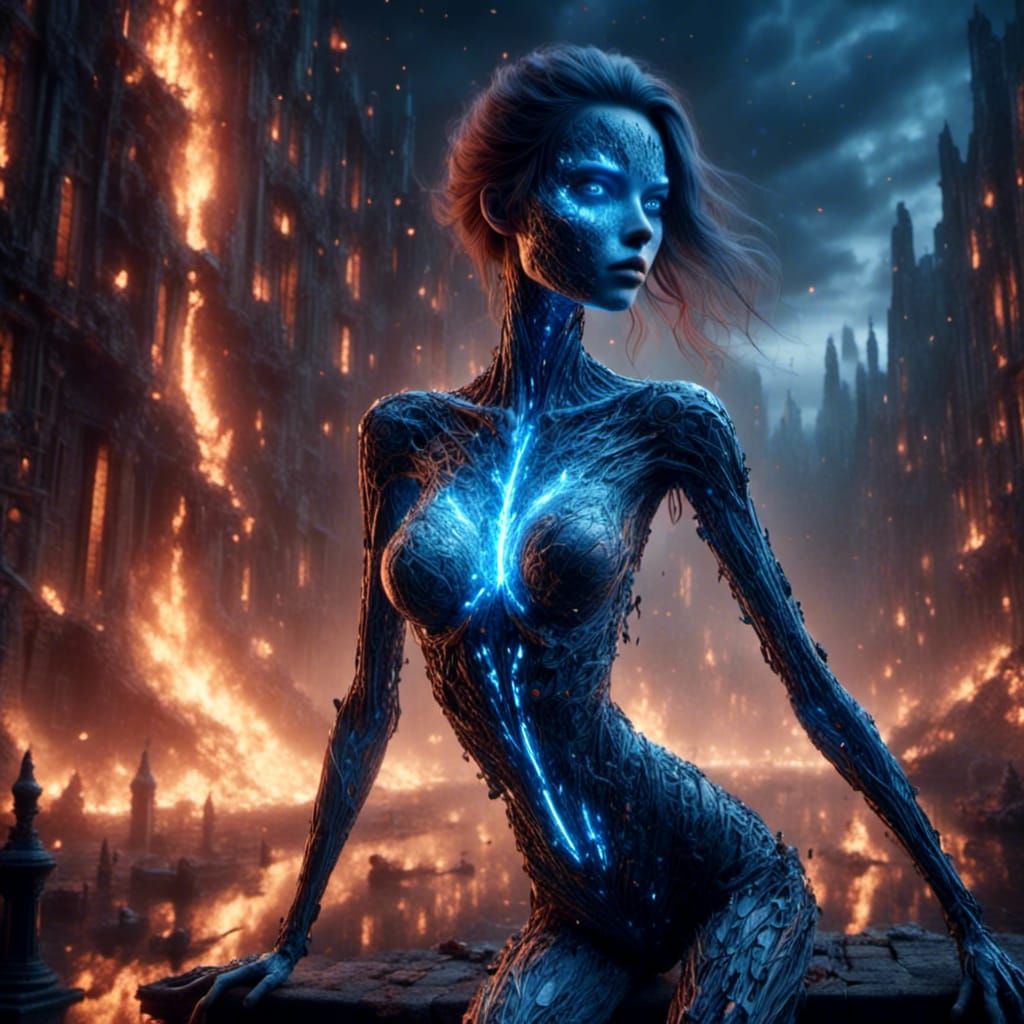 Blue Android Watches Burning City