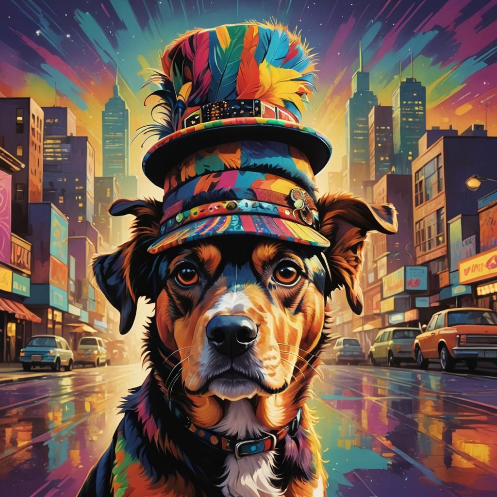 dog wearing a Jamiroquai hat