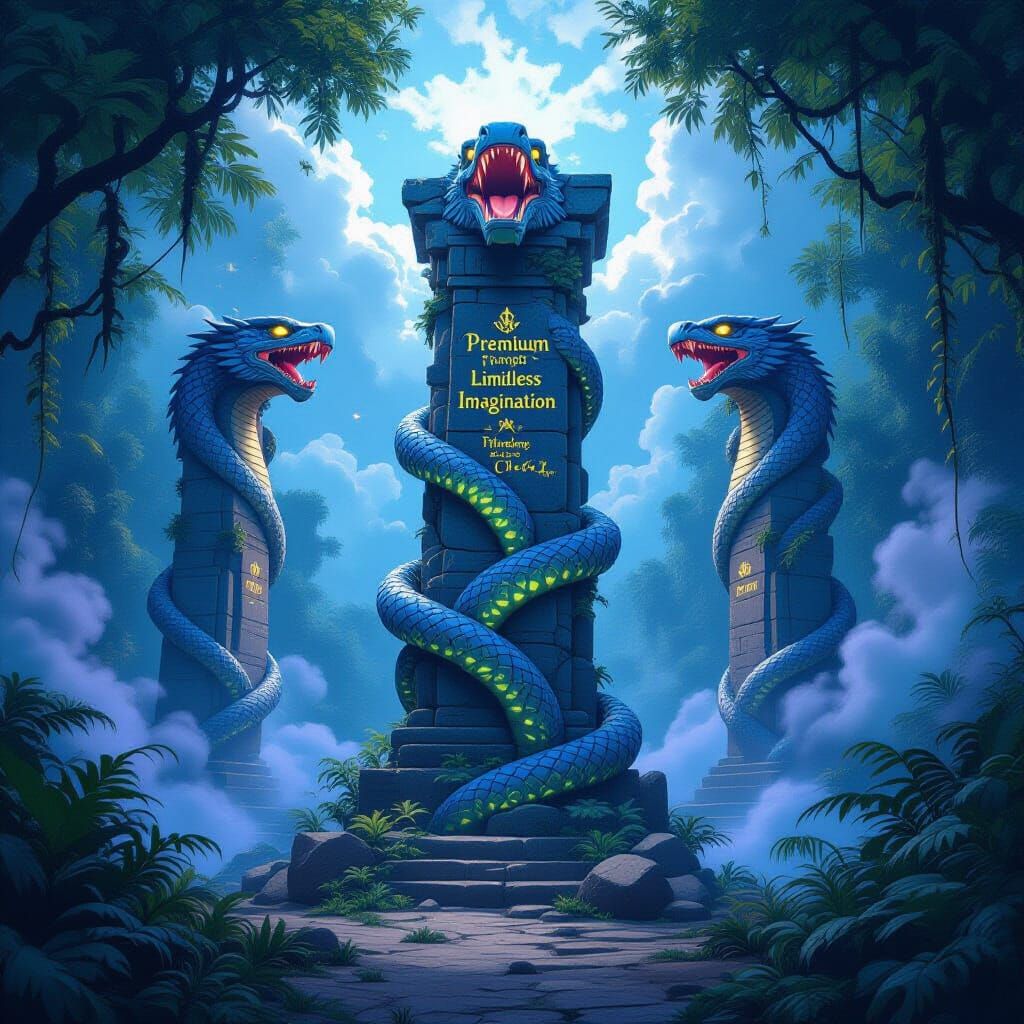 Stone Serpents Guard Ancient Pillars in Lush Jungle