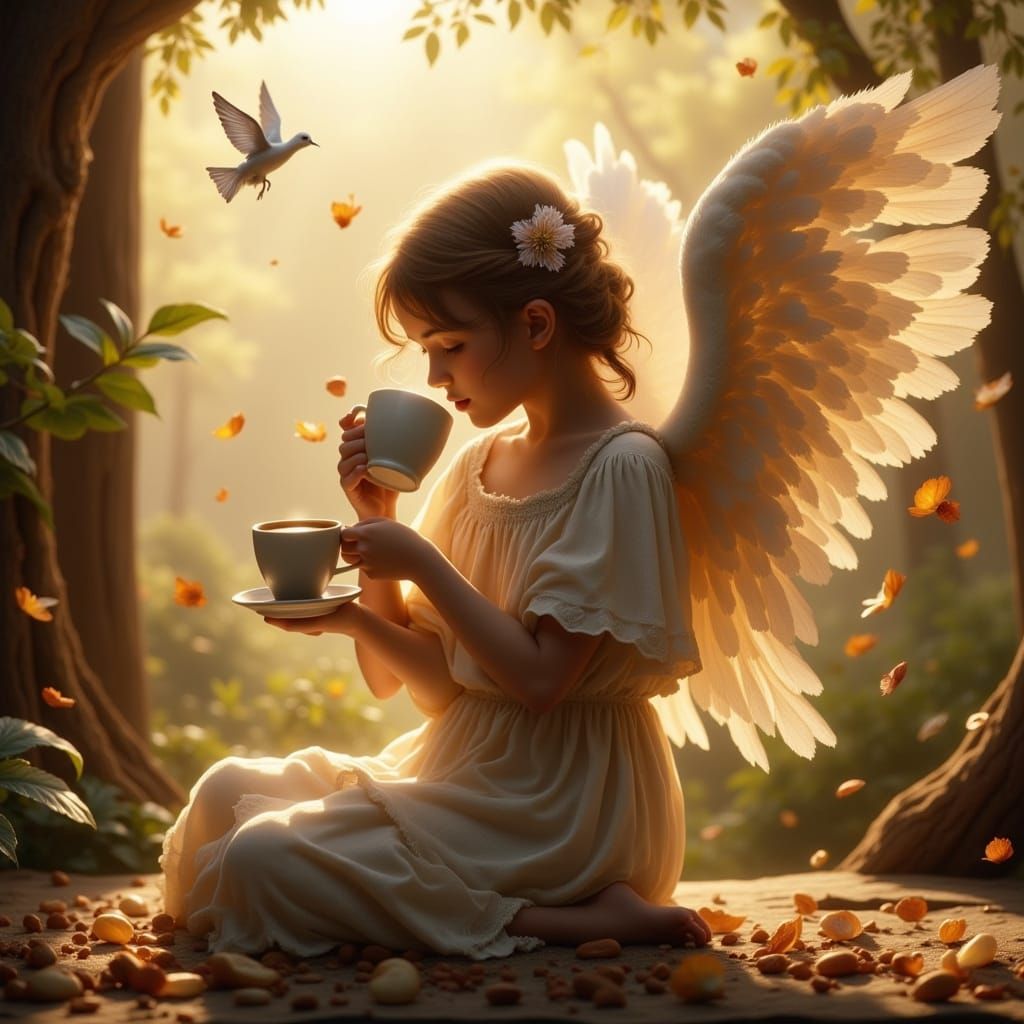 Angel Enjoys Morning Coffee in Hyperrealistic Style