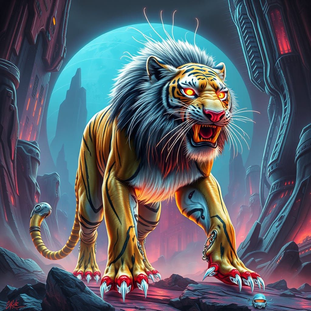 Bio-Digital Liger in Futuristic Neon Landscape