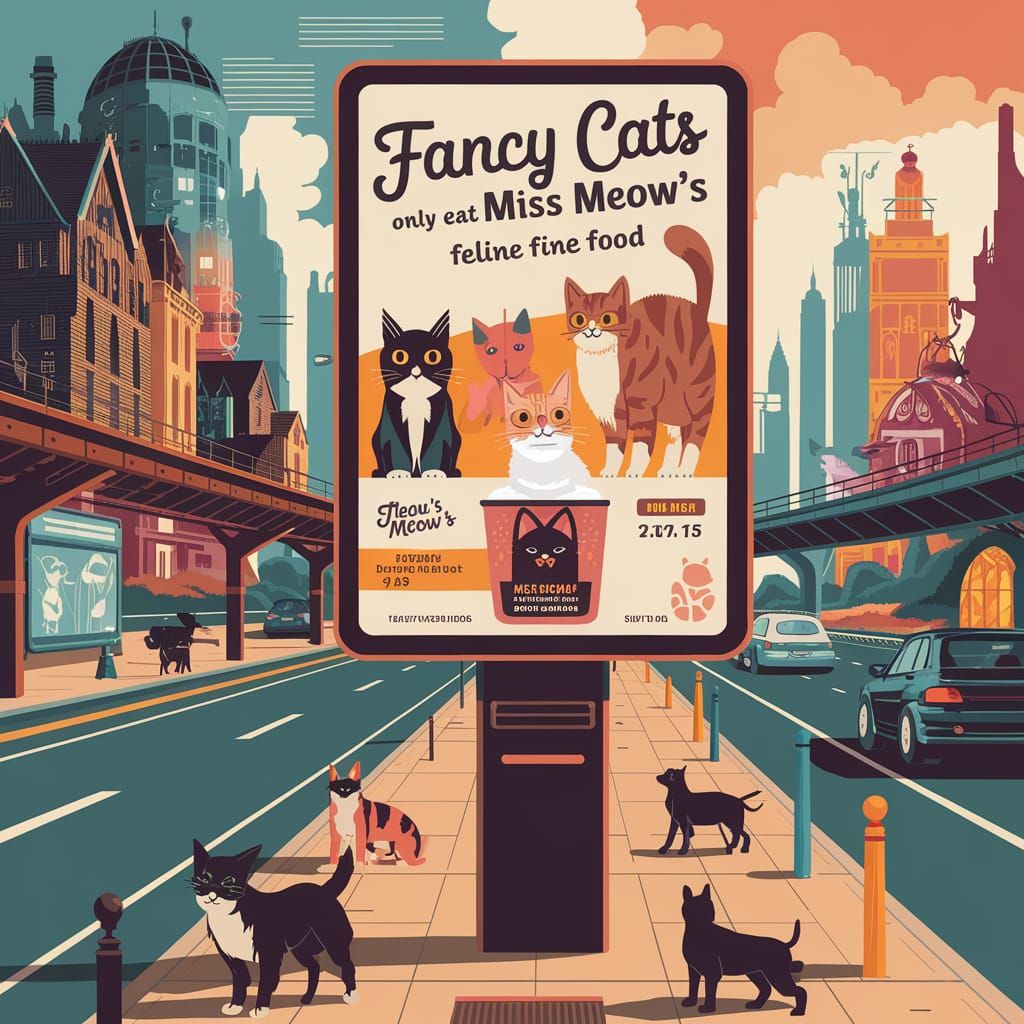 Futuristic Billboard Ad for Cat Food in Steampunk City