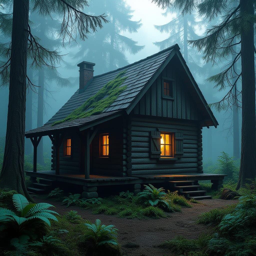 Vintage Cabin in Misty Ancient Forest