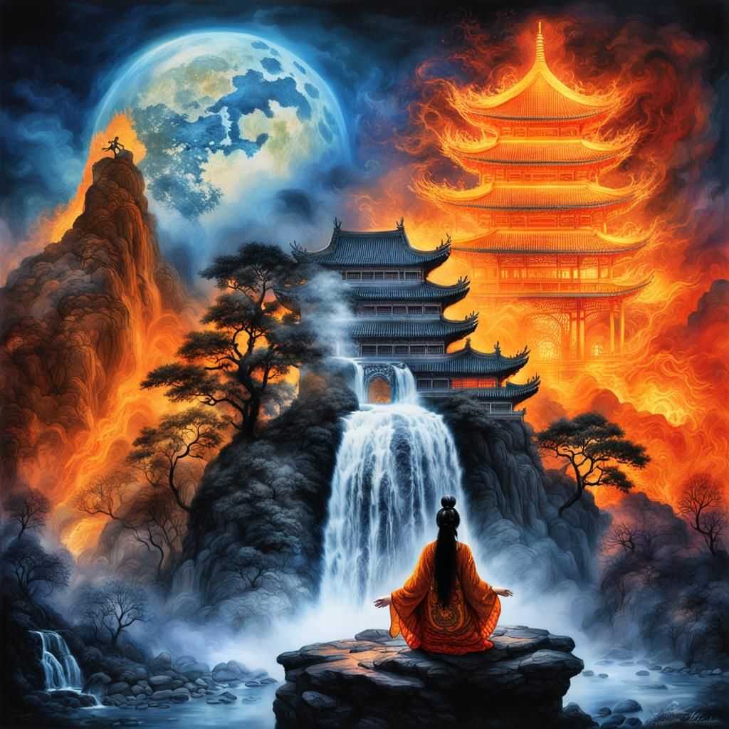 Chinese Goddess Silhouette in Fire and Waterfall