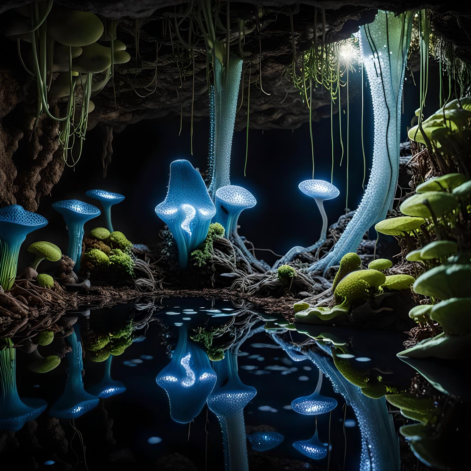 Bioluminescent Alien Cave Grotto with Shimmering Water