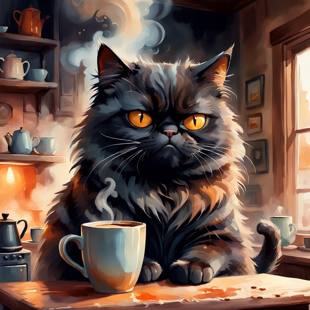 Grumpy Black Cat with Coffee: Digital Watercolor Portrait