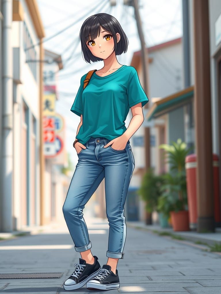 Pretty Woman in Teal Shirt: Anime Style