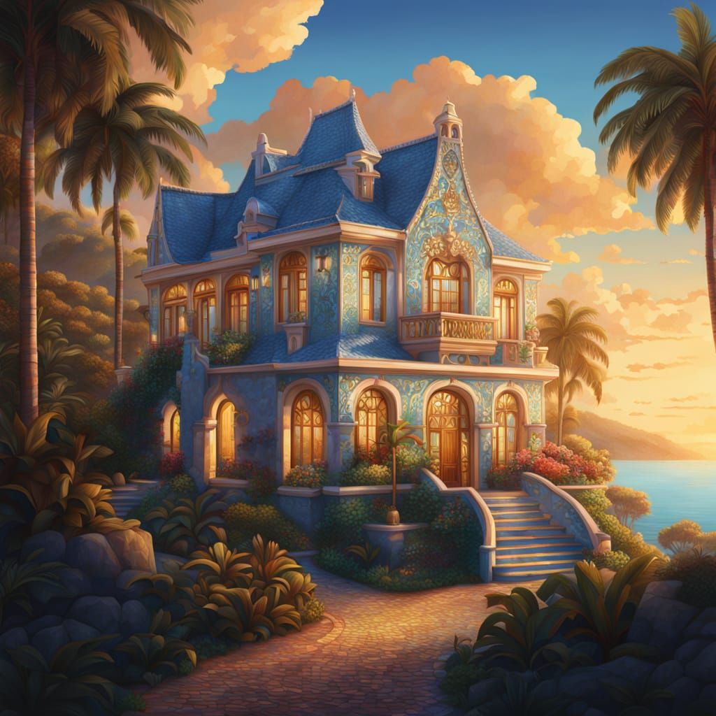 Serene Villa Overlooking Turquoise Waters in Art Nouveau Sty...