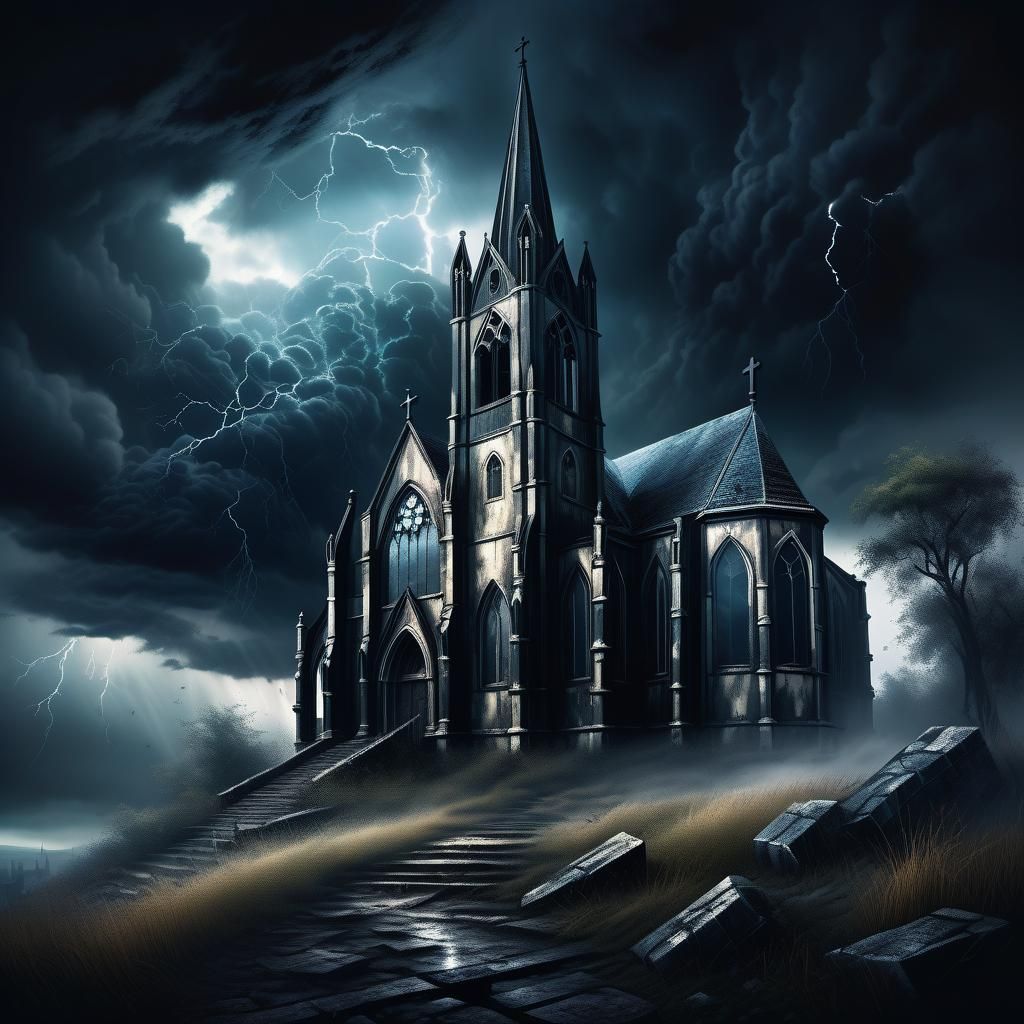 Epic Gothic Church Ruins in Thunderstorm
