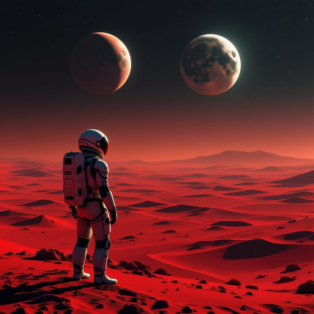 Astronaut on Crimson Desert Under Alien Moons