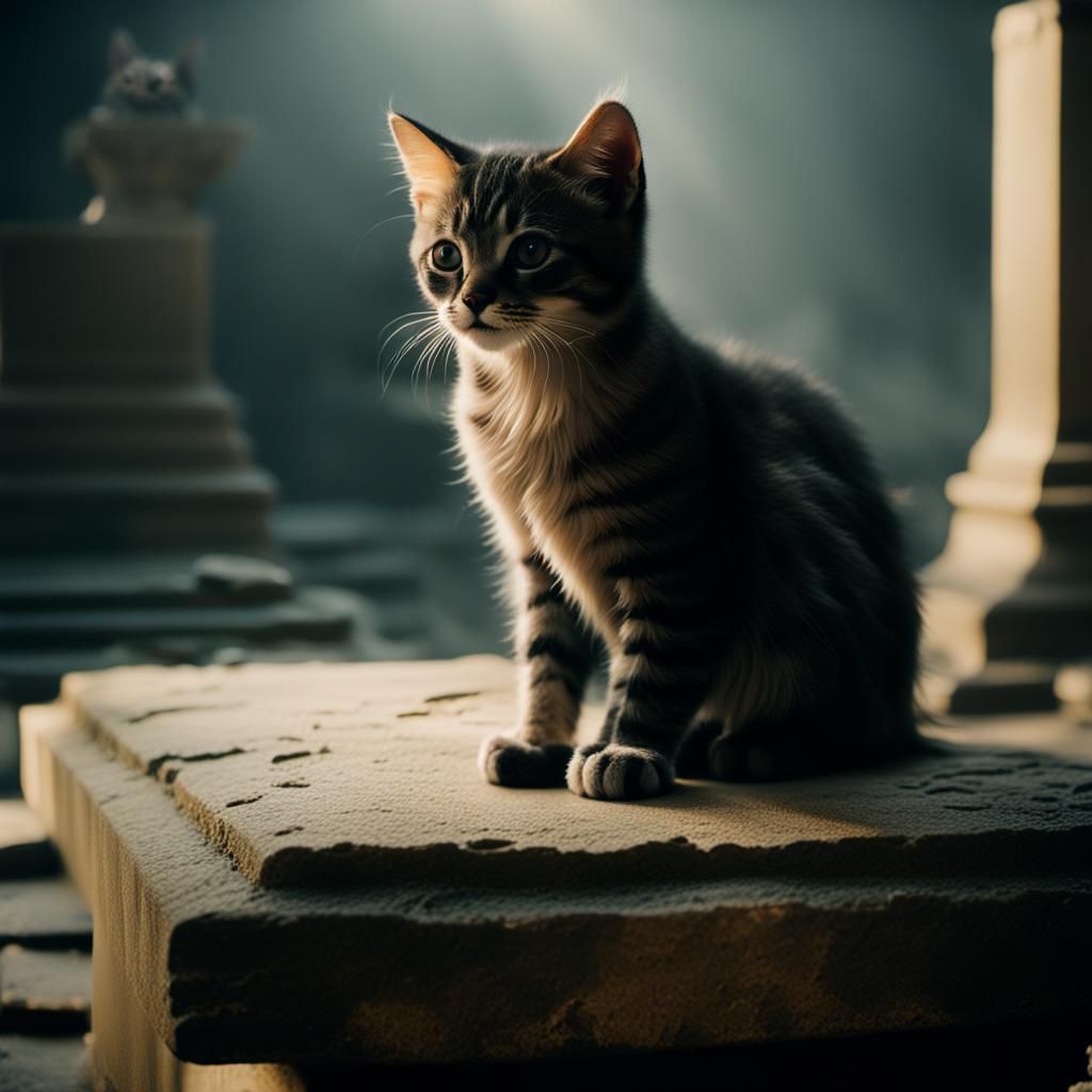 Kitten in Abandoned Temple: Film Noir Style