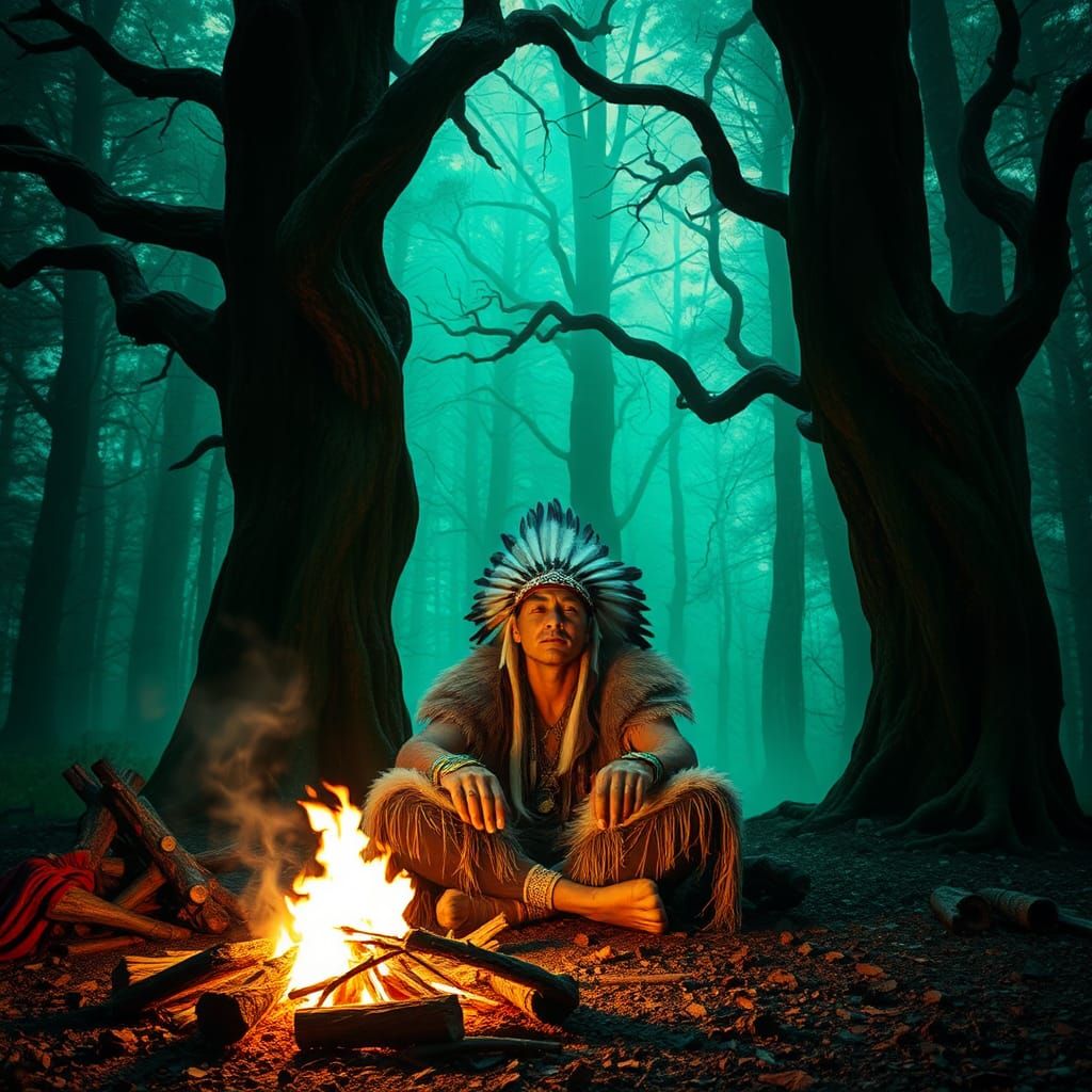 Native American Shaman's Vision in Emerald Forest