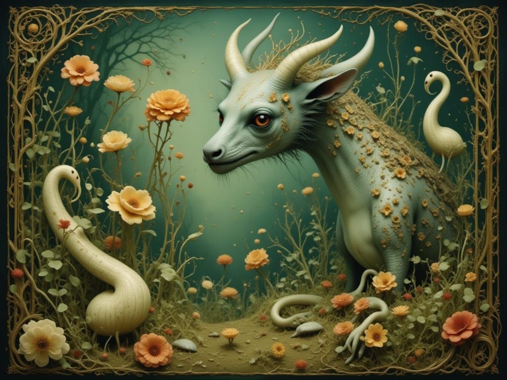 Mythical Snallygaster and Jabberwocky in Dream Forest