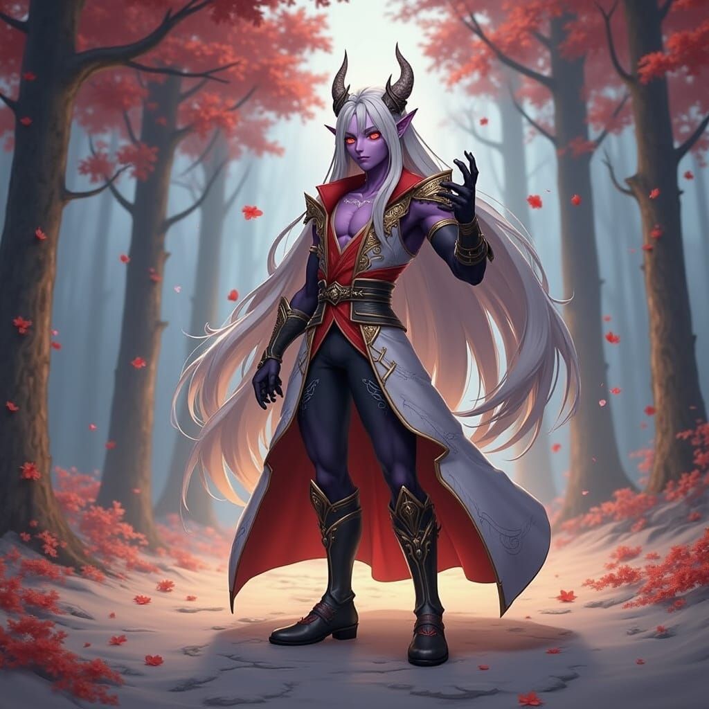 Charming Male Demon in Ruby-Red Regalia with Snow-White Hair