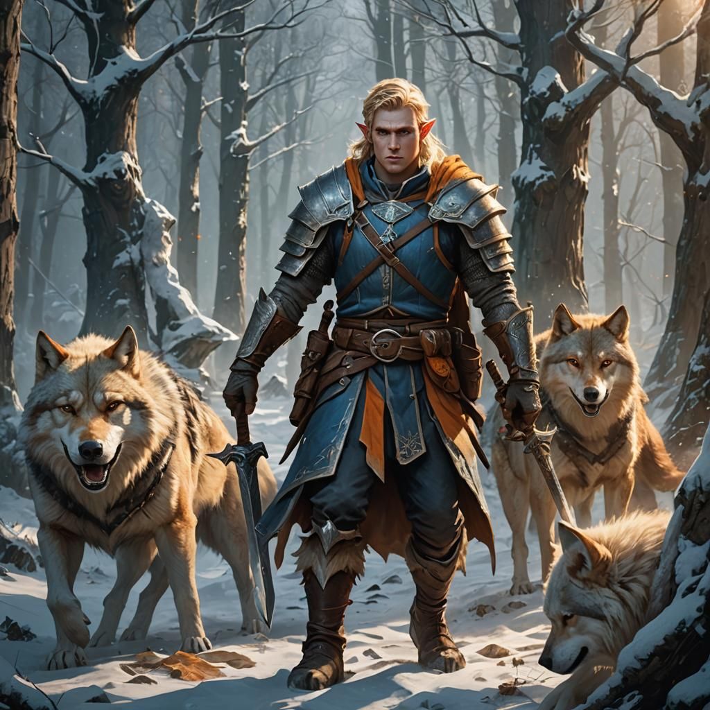 Elf Warrior with Wolves in Fantasy Art Style