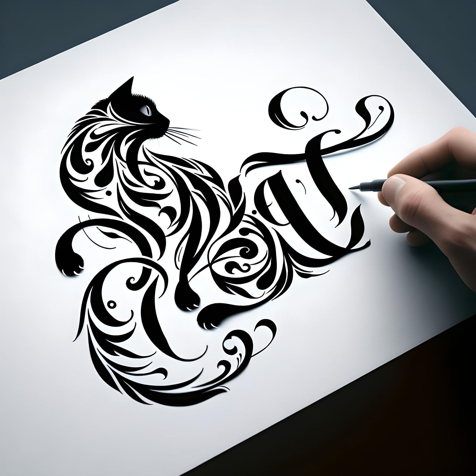 Elegant Cat Calligraphy Forming Feline Shape