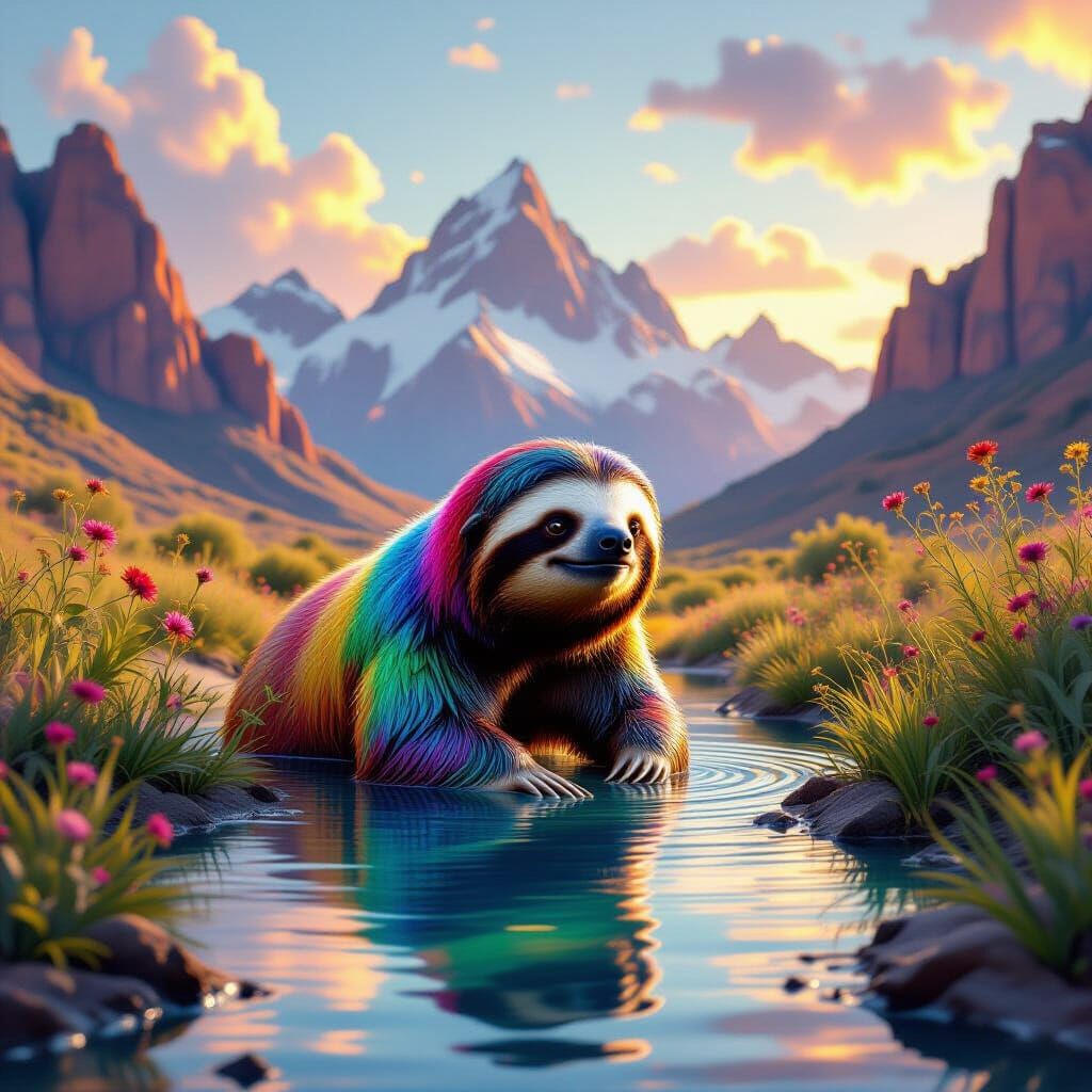 Hyperrealistic Sloth with Rainbow Coat in Desert Oasis