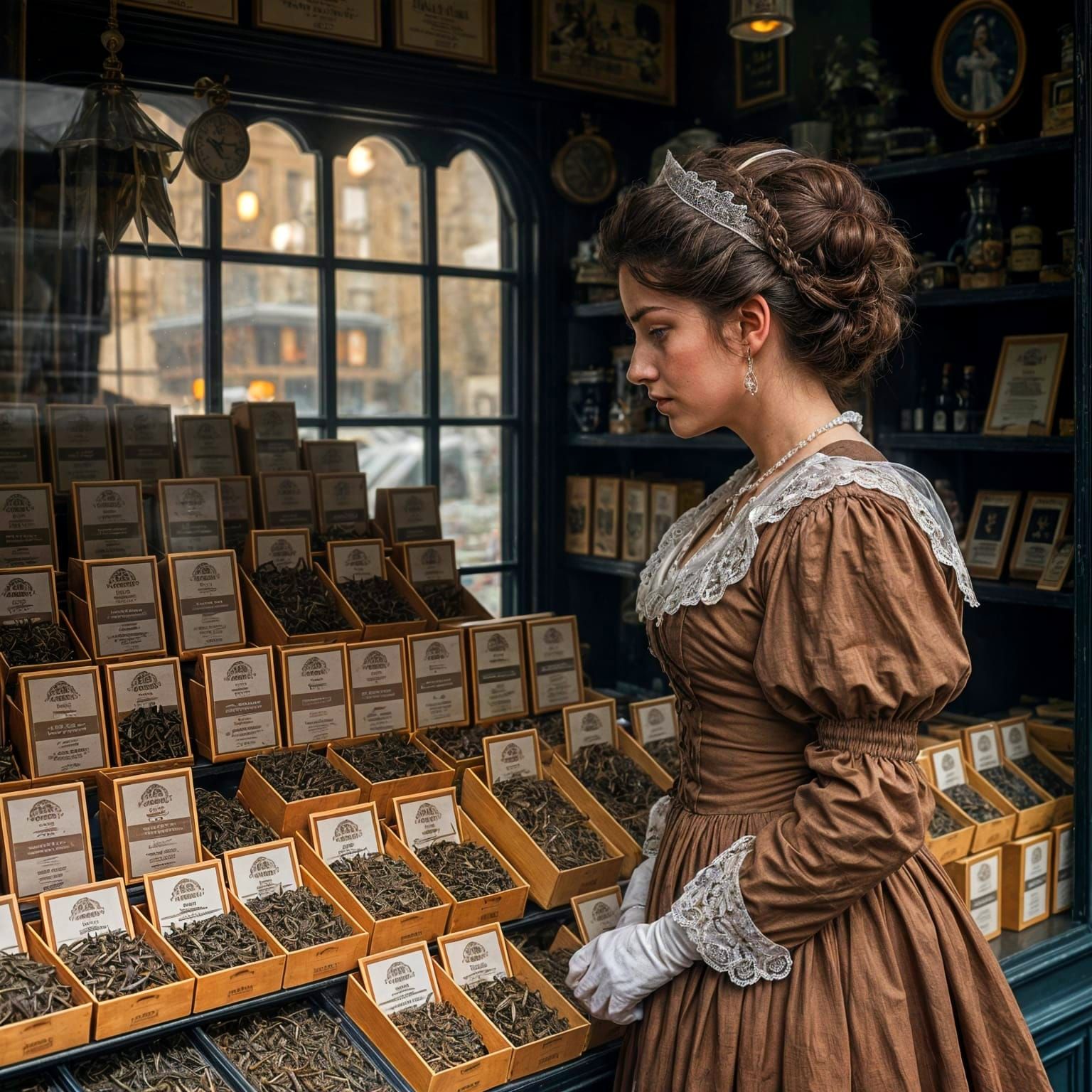 A Victorian Tea Shop Scene in Muted Hues