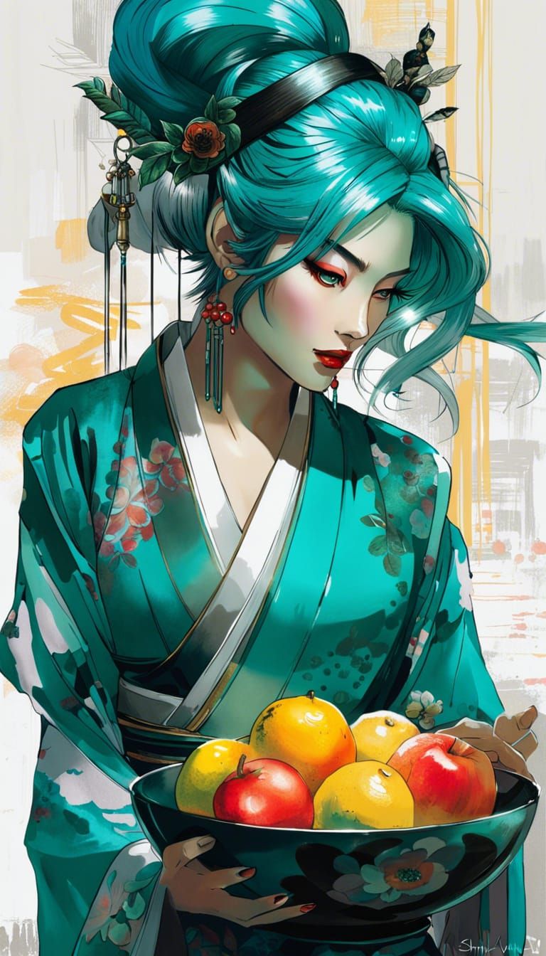 Solarpunk Samurai Princess with Fruit Bowl