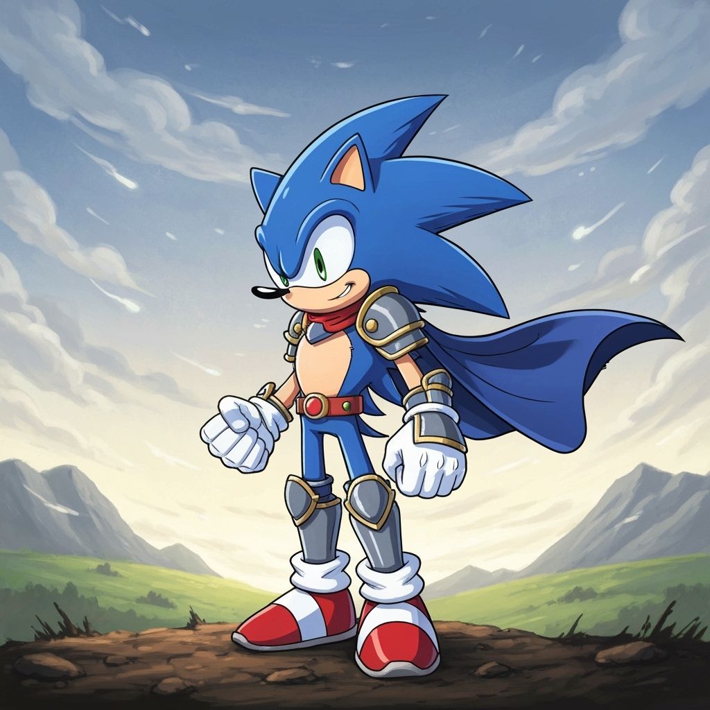 Armored Sonic the Hedgehog in Windswept Landscape