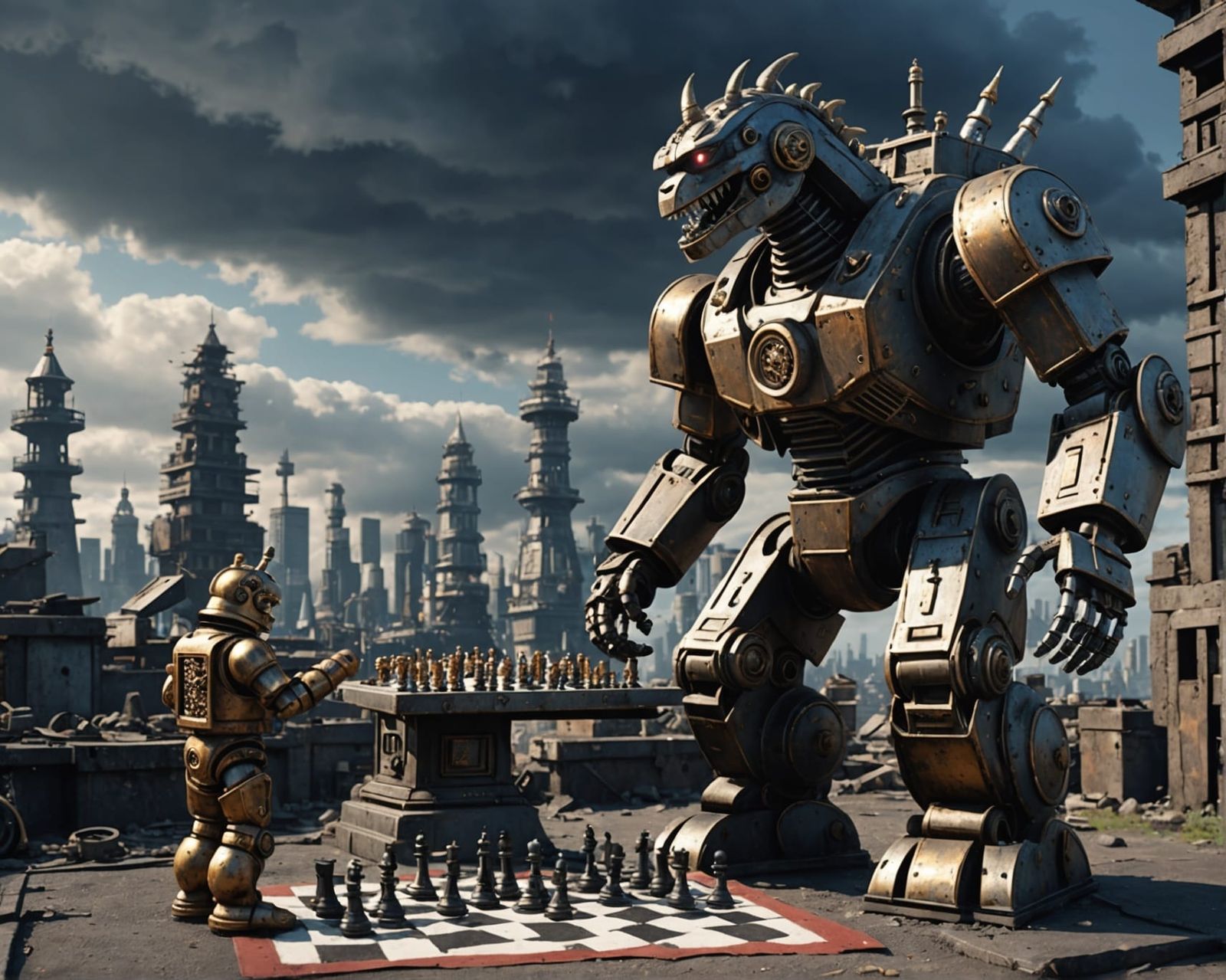 Giant Robot and Godzilla Play Chess in Steampunk Style