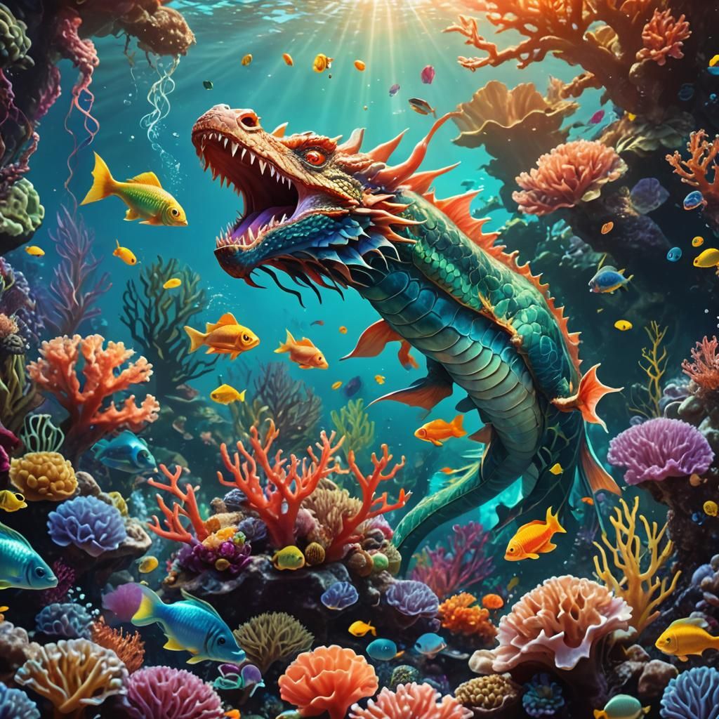 Underwater Dragon and Fish in Coral Reef