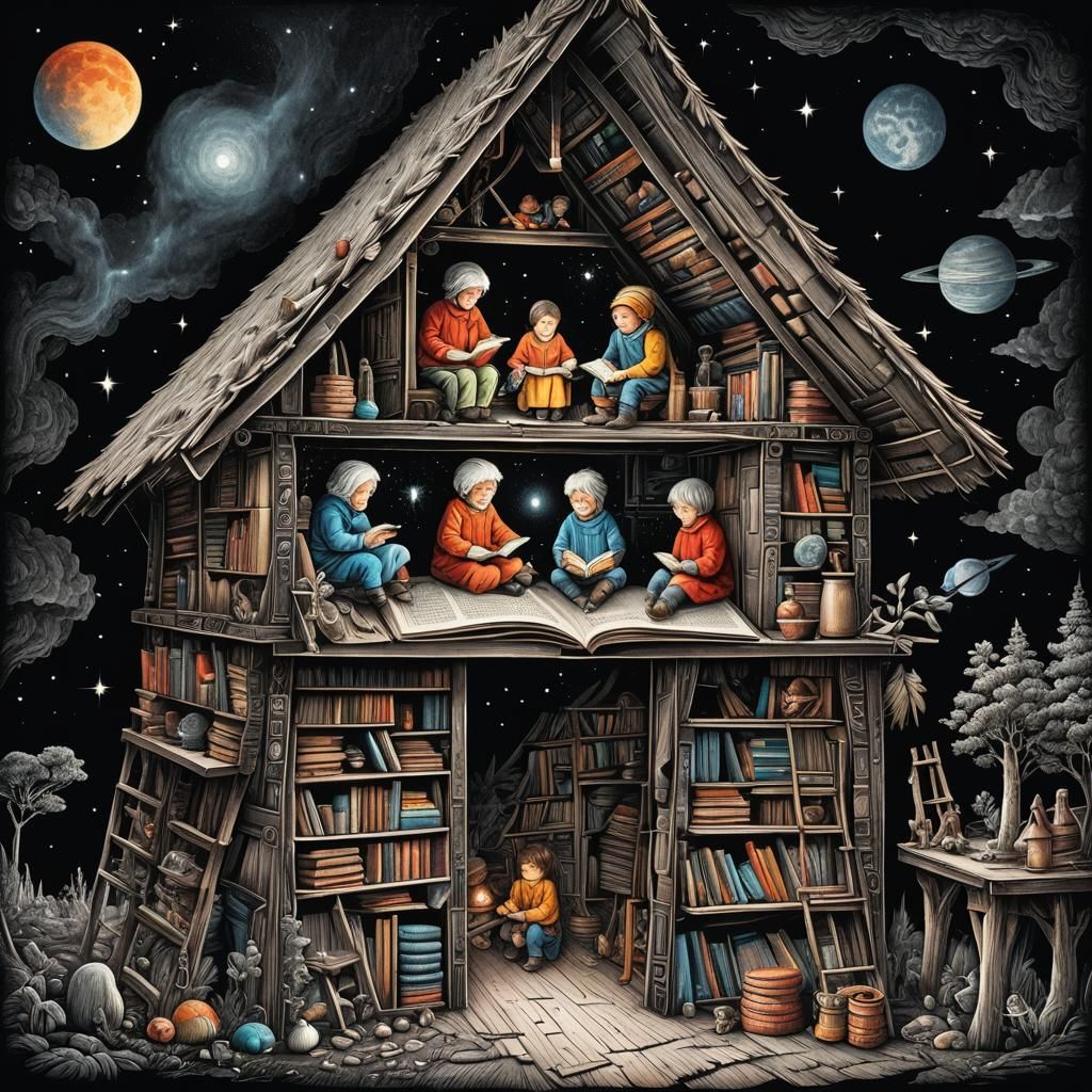 Tiny People in Book Hut: Flat Graphic Folk Art